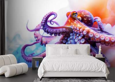 A vibrant octopus emerges with dynamic tentacles, highlighted by a colorful, smokey backdrop. Wall mural