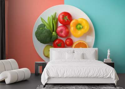 A vibrant plate of fresh fruits and vegetables, arranged neatly on a split-color background of teal and coral. Wall mural