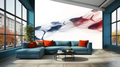 Artistic depiction of sharks in motion, with a dynamic blend of blue and red colors giving a sense of underwater fluidity and movement. Wall mural