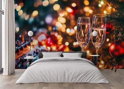 Champagne glasses sparkle against a background of piano keys and festive holiday lights. Wall mural