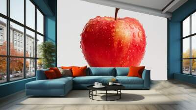 Fresh red apple with water droplets on a white background, highlighting its vibrant color and texture. Wall mural