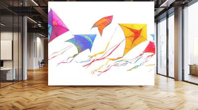 Kites in Flight: A vibrant collection of colorful kites dance across the sky, their tails streaming behind them, creating a whimsical and joyful scene.   Wall mural