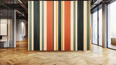 Retro vertical stripes in orange, beige, mustard, and black, creating a vintage wallpaper pattern. Wall mural