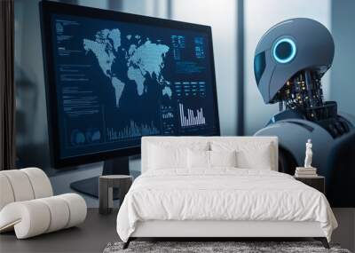 Robot analyzing global data on a computer screen, representing AI and international analytics. Wall mural