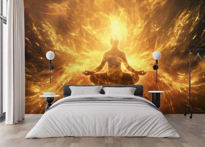 Silhouette meditating in golden fiery light. Wall mural