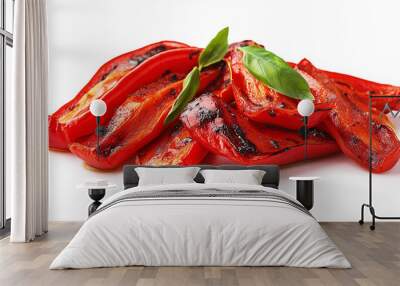 Sliced red chili peppers with basil leaves. Wall mural