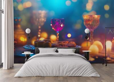 Sparkling wine glasses on a table reflect bokeh lights, setting a celebratory tone. Wall mural