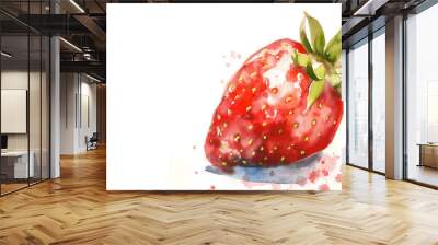 Vibrant watercolor illustration of a ripe strawberry with splashes of color, highlighting its bright red surface and fresh green leaves. Wall mural