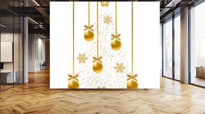 Christmas tree decor. Hanging Christmas  gold balls, snowflake  Wall mural