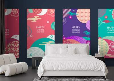 Happy New Year 2022 Chinese New Year. Set of greeting cards, envelopes with geometric patterns, flowers and lanterns. Vector Wall mural