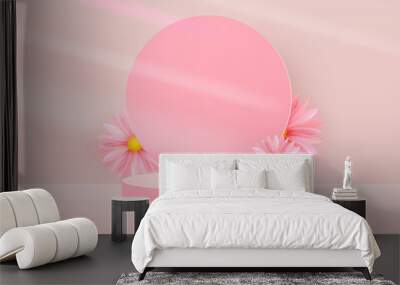 Minimalistic scene with pink cylindrical podium, round frame and spring flowers. Scene for the demonstration of a cosmetic product, showcase. Vector Wall mural