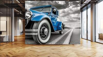 Old black and white road and blue retro car Wall mural