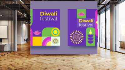 Social media post template for Diwali celebration. Colorful geometric poster in minimalist style. Vector Wall mural