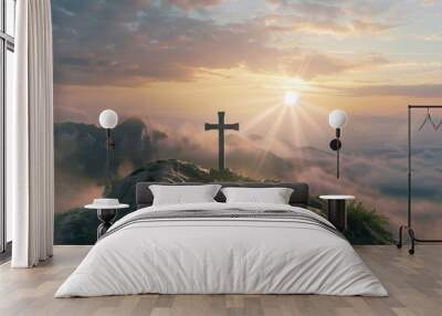 The cross standing on mountain at sunrise Wall mural