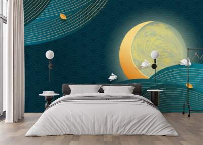 Trendy mid autumn festival design with full moon, cute bunnies, lines on dark blue background. Flying yellow leaves. Translation from Chinese - Mid-Autumn Festival. Vector Wall mural