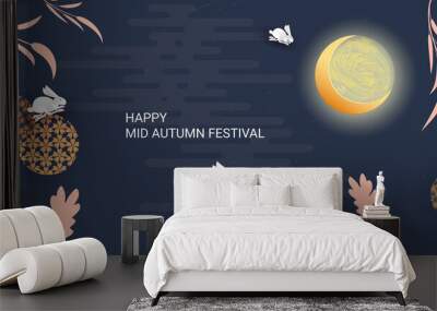 Trendy mid autumn festival design with full moon, cute bunnies, lines on dark blue background. Traditional patterns. Translation from Chinese - Mid-Autumn Festival. Wall mural