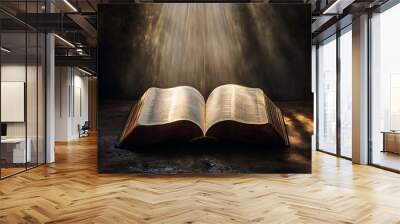  An open book lies on a surface as a stream of light falls from above, symbolizing divine revelation or God's guidance Wall mural