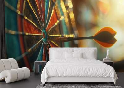 A dart precisely hitting the middle of a target, symbolizing accuracy and success in achieving goals. Wall mural