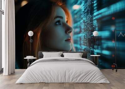 A woman analyzing futuristic holographic data, showcasing innovation and advanced technology, surrounded by binary code and designed in a wireframe plexus style. Wall mural