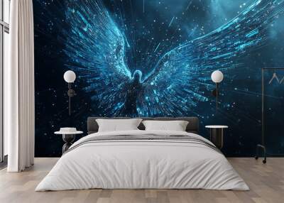 Abstract digital background banner featuring an angel with data connection elements in blue and black colors Wall mural