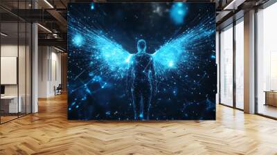 Abstract digital background banner featuring an angel with data connection elements in blue and black colors Wall mural