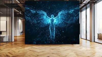 Abstract digital background banner featuring an angel with data connection elements in blue and black colors Wall mural