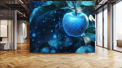 Abstract digital background banner featuring an apple on a tree with data connection elements in blue and black colors Wall mural