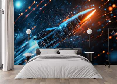 An abstract digital background banner featuring a rocket, highlighted by connecting data points in blue and black colors. The design showcases a futuristic and technological theme Wall mural