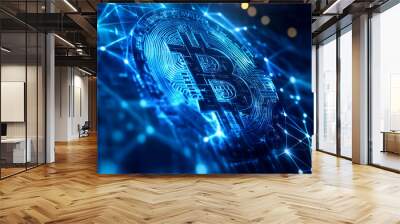 An abstract digital background banner featuring Bitcoin, with connecting data points in blue and black colors Wall mural