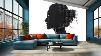 Isolated silhouette of a woman's portrait made from binary code on a white background in a wireframe plexus style, showcasing a blend of technology and art. Wall mural