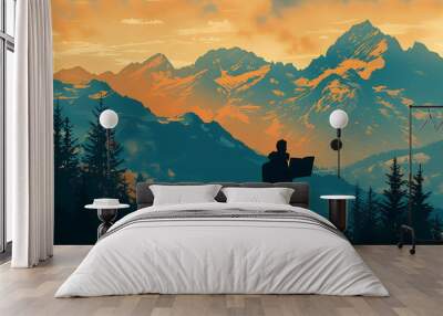 mountain background, family silhouette looking at a map, travelling concept Wall mural