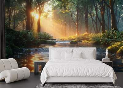 a beautiful stream in the morning light in a summer forest Wall mural