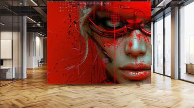 crazy female fashion illustration, surreal futuristic woman in red Wall mural