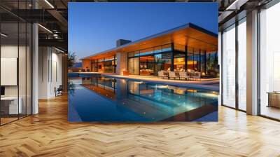 outdoor living space - modern mansion in the desert at night with swimming pool Wall mural