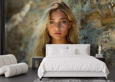 portrait of a young woman with long blond wavy hair standing on a rocky coast in summer Wall mural