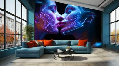 the kiss - two female faces illuminated by phosphorescent lines Wall mural