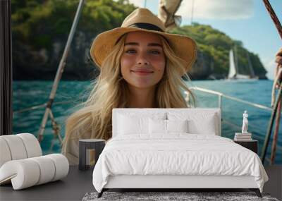 young blonde woman on a sailing yacht in front of a tropical island Wall mural