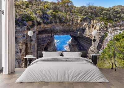 A panorama of the Tasman or Tasmans Arch, a natural rock bridge over the sea at Eaglehawk Neck, near Port Arthur, Tasmania. This towering arch is covered with a eucalyptus forest. Wall mural