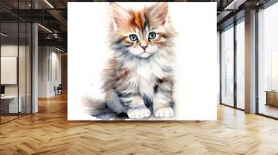 Beautiful Maine Coon kitten with big blue eyes, isolated on white background. Digital watercolour illustration. Wall mural