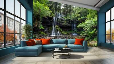 Russell Falls, a tiered–cascade waterfall on the Russell Falls Creek, located in the Central Highlands region of Tasmania, Australia. Wall mural