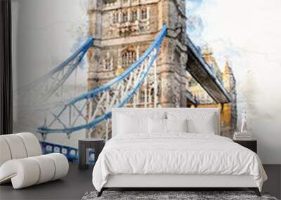 Tower Bridge over the river Thames, London. Digital watercolour of this iconic landmark Wall mural