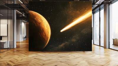 Comet streaking past distant planet in space Wall mural