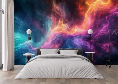 A 3D render of an abstract energy field, pulsating with vibrant colors against a dark void. Dynamic streams of light intertwine, creating a mesmerizing spectacle of neon blues, greens, and purples Wall mural