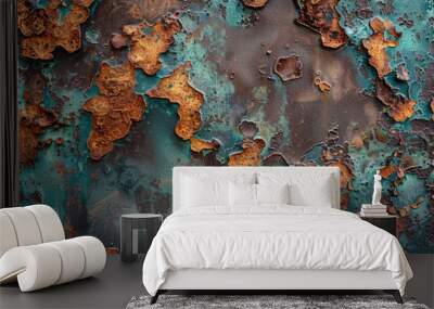 A close-up texture of aged metal with a vivid pattern of green corrosion and rust, ideal for historical or industrial-themed backgrounds. Wall mural