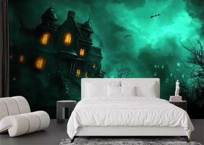 A Creepy Haunted Mansion with Glowing Windows and Bats Flying in a Foggy Green Sky Wall mural