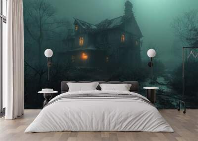 A Mysterious House in a Foggy Forest Wall mural