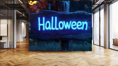 A Wooden Sign with Neon Blue 