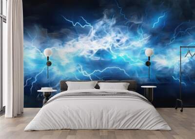 Abstract Art of Blue and White Lightning Bolts in a Smoky Background Wall mural