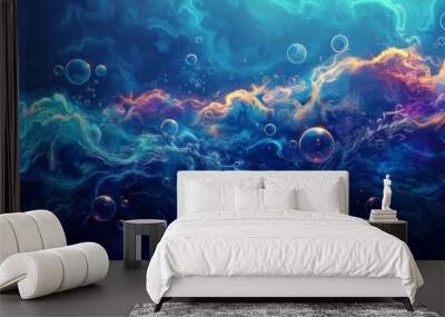 abstract concept of a cosmic ocean with vivid neon colors resembling an otherworldly underwater scene with floating bubbles and swirling waves, Wall mural