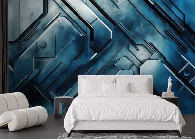 Abstract Geometric Pattern of Interlocking Blue Metal Panels Wall mural